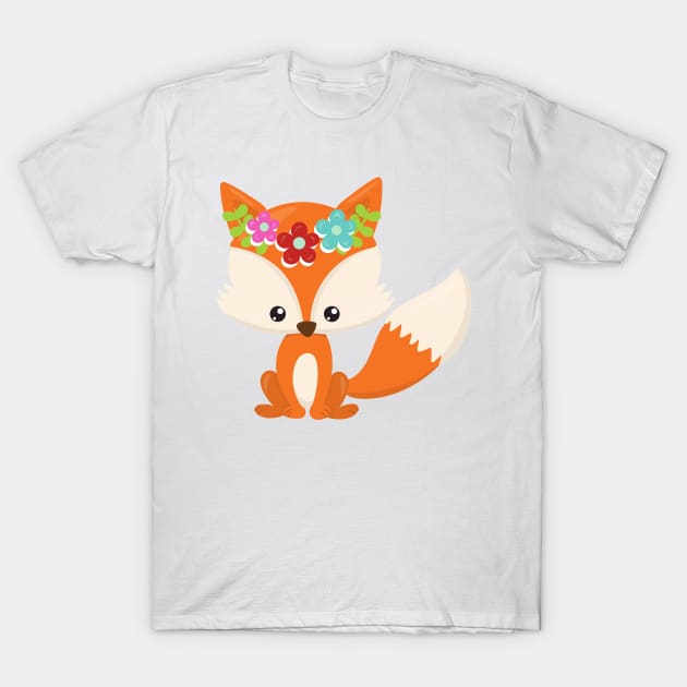 Spring Animals, Cute Fox, Little Fox, Flowers T-Shirt by Jelena Dunčević